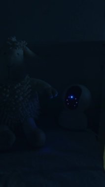 Karyolaya yerleştirilmiş pelüş oyuncaklar, loş bir ortamda hafifçe aydınlatılıyor, sakin bir gece atmosferinin özünü yakalıyor, kamera yavaşça yakınlaşıyor.