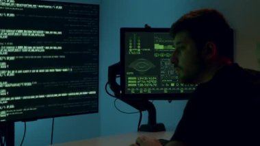 Erkek hacker, siber saldırının atmosferini gösteren kodlarla dolu çift ekran ile derinden ilgilenir. Kameralar onun konsantrasyonunu vurgulamak için yakınlaşır.