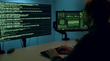 Asyalı programcı ikili monitörlerde kodlamaya başladı, karmaşık veri ve analizleri ortaya çıkardı, dinamik çalışma ortamını yakalama konusunda pürüzsüz bir yakınlaşmayla