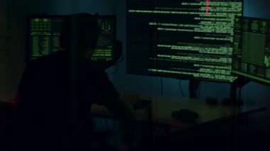 Siber güvenlik analisti kod ve verilerle dolu çoklu ekran ile meşgul, yüksek teknolojili bir ortam, çalışma alanı elementlerini yakalamak için kamera tavaları