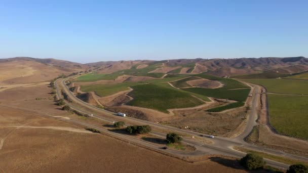 Amplio viñedo con la autopista 101 recorriendo el centro de California — Vídeo de stock