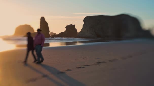 Szelektív elmosódott klipsz pár séta a strandon naplementekor — Stock videók