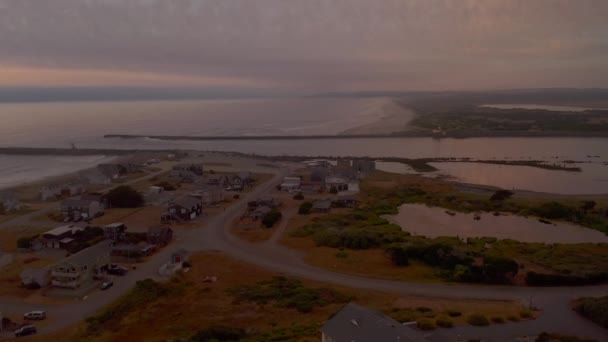 Aerial of low-lying homes in Tsunami hazard area of Bandon Oregon — Stock Video