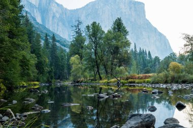 Yosemite Ulusal Parkı 'nda yeşil ve mavi renkli manzara