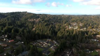 İnsansız hava aracı geriye, Coos County Coos Bay orman bölgesinde evleri var.