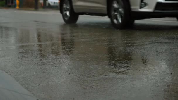 Vista de ángulo bajo de las ruedas del coche pasan por la calle de la ciudad muy húmeda — Vídeos de Stock