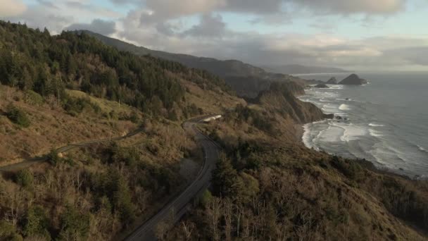 Luchtfoto van Hwy 101 in Zuid-Oregon. Auto 's rijden onder op de weg. — Stockvideo