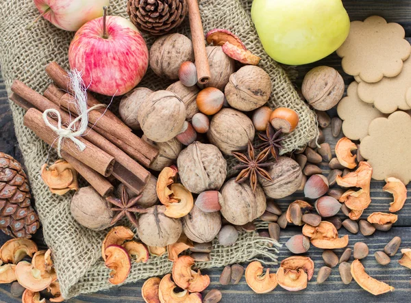 Autumn composition of fruits, nuts and spices