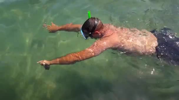 Een Gemaskerde Man Met Een Snorkel Zwemt Onder Water — Stockvideo