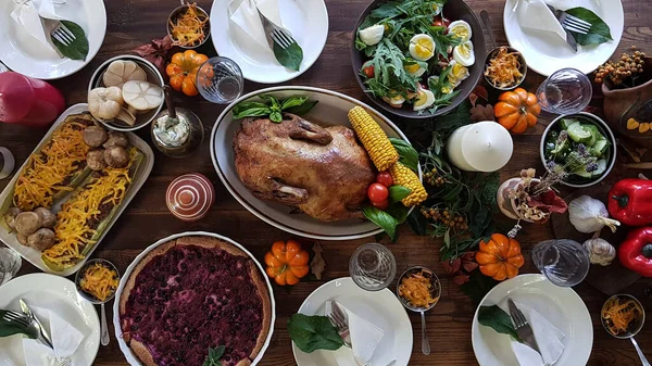 Pôr Mesa Para Jantar Festivo Honra Dia Acção Graças Contexto — Fotografia de Stock