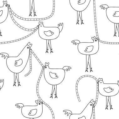 Tavuklarda kusursuz desen. El çizimi vektör illüstrasyonu.