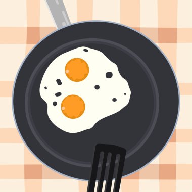 Tencerede kızarmış yumurta. El çizimi vektör çizimi. Düz renk tasarımı.