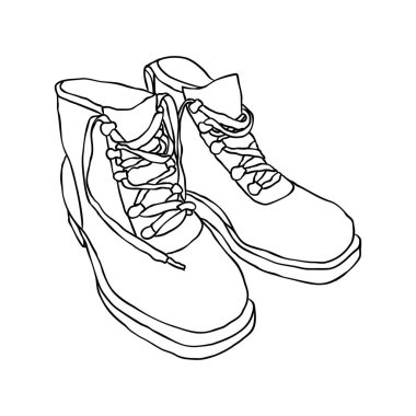 Bir çift yürüyüş ayakkabısı. El çizimi doğrusal vektör çizimi.