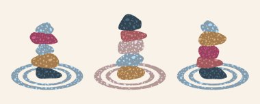 Bir dizi istiflenmiş Zen taşı. El çizimi vektör çizimi. Düz renk tasarımı.