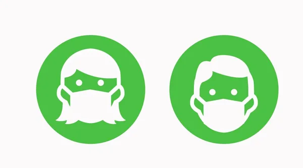 ベクトル絶縁イラスト 顔マスクを身に着けている男と女の緑のアイコン — ストックベクタ