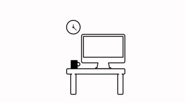 Bilgisayar, bir fincan kahve ve bir saatle çalışma alanının izole edilmiş yansıması. Çalışma Alanı Düz Simgesi