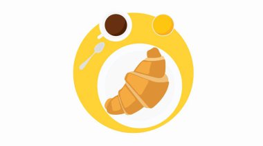 Kruvasan, Tabak, Kaşık, Kahve ve Meyve Suyu 'nun İzole Edilmiş Vektörü. Yiyecek Simgesi