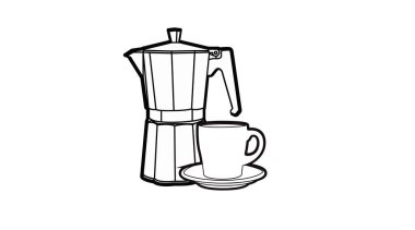 Bir kahve makinesi ve bir fincan kahve makinesinin izole edilmiş yansıması. Siyah ve beyaz kahve makinesi ve kahve ikonu.