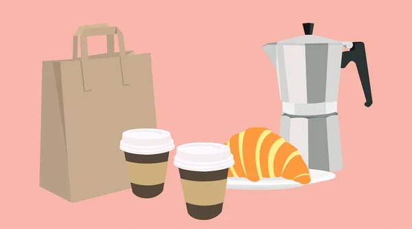 Vektor Isolerad Illustration Kaffe Take Away Set Med Papperspåse Två — Stock vektor