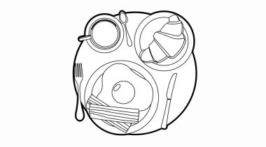 Kruvasan, kızarmış yumurta, domuz pastırması, kahve, çatal bıçak malzemesi ile izole edilmiş kahvaltı. Kahvaltı İşareti veya Simge