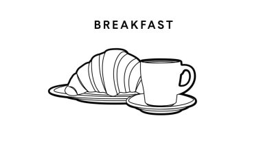 Kahvaltı ikonu. Bir fincan kahve ve kruvasan örneklerini izole ettim.