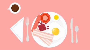 Kahvaltı illüstrasyonu, kızarmış yumurta, domates, sosis, pastırma, fasulye, tabak, çatal bıçak ve kahve.