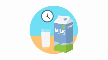 Süt ikonu. Bir süt kutusu ya da karton ve saatli bir bardak sütün izole edilmiş bir tasviri.