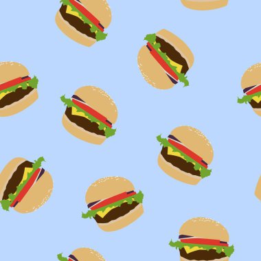Burger Deseni. Hamburgerlerle vektörsüz desen arkaplanı.