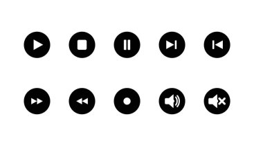 Music Buttons Set. Müzik seti veya ses siyah beyaz simgeleri