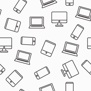 Cihaz deseni. Cep telefonları, tabletler, dizüstü bilgisayarlar ve tabletler ile siyah beyaz arkaplan