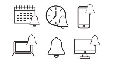 Zil ve aygıt simgesi ayarlandı. Valendar, cep telefonu, bilgisayar ve saati zil ya da alarm işareti olan simgeler