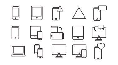 Siyah ve Beyaz Aygıtlar Simgesi Ayarlandı. Vektör İzole Resimleri