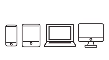 Aygıt Simgesi Ayarlandı. Cep telefonu, tablet, dizüstü bilgisayar ve cep telefonlarının izole çizimi