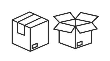 Kutu Simgesi Ayarları. Vektör, açık ve kapalı bir kutunun siyah ve beyaz çizimini izole etti