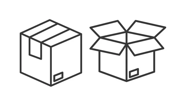 Κουτιά Εικονίδιο Σετ Διάνυσμα Απομονωμένη Ασπρόμαυρη Απεικόνιση Ενός Ανοιχτού Και — Διανυσματικό Αρχείο