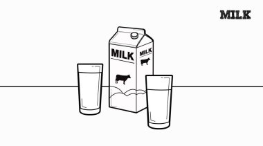 Süt Simgesi Seti. Vektör siyah beyaz süt kutusu ve bir bardak süt izole etti.