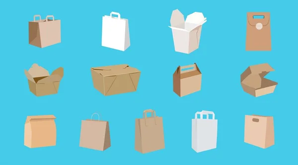 Vector Isolated Set Different Paper Bags Take Away Boxes Vector — Stock Vector