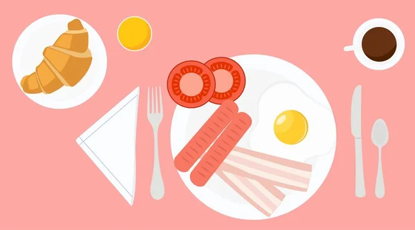 Illustration Petit Déjeuner Avec Oeuf Frit Saucisse Tranches Tomate Bacon — Image vectorielle