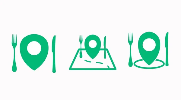 Comida Ubicación Pin Icon Set Vector Verde Blanco Ilustración Pines — Archivo Imágenes Vectoriales