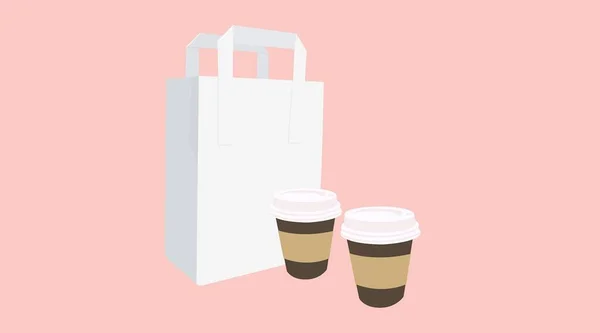 Векторная Изоляция Кофейного Набора Двумя Бумажными Чашками Кофе Бумажным Пакетом — стоковый вектор