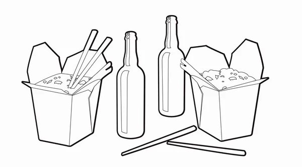 Chinese Food Take Away Com Cerveja Ilustração Preto Branco Isolada —  Vetores de Stock