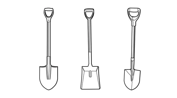 Łopata Czarno Biała Zestaw Izolowanych Wektorowych Ilustracji Łopat — Wektor stockowy