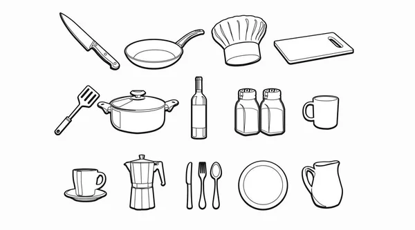 Ensemble Icônes Cuisine Ensemble Illustrations Isolées Noir Blanc Ustensiles Cuisine — Image vectorielle