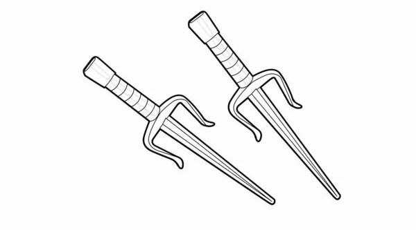 Sai Weapon Schwarz Weiße Illustration Von Zwei Sai Waffen — Stockvektor