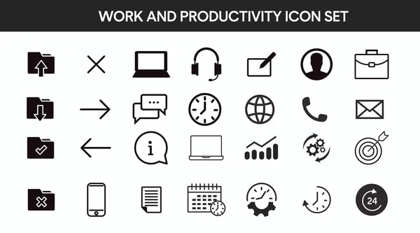 Ensemble Icônes Travail Productivité Collection Isolets Vectoriels Illustrations Noir Blanc — Image vectorielle