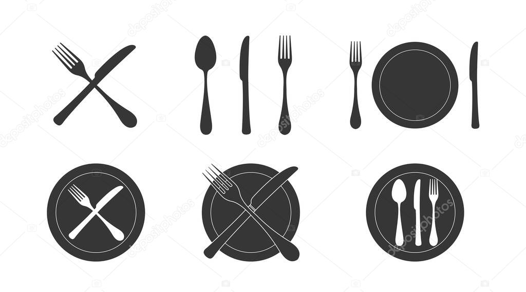 Plate, fork, spoon and knife icon. Vector isolated editable black and white illustration set
