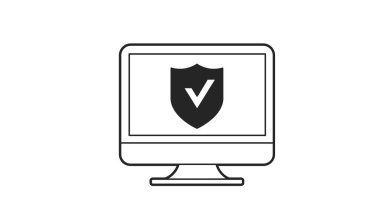 Kalkan ve Bilgisayar Simgesi. Kalkan işareti olan bir bilgisayarın düzenlenebilir düz çizimi