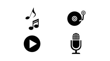 Müzik simgesi seti. Müzik notaları, turntable, mikrofon, çalma simgesi veya düğmesi olan siyah düzenlenebilir resimlerin vektör izole seti