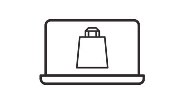 Laptop ve alışveriş çantası. Vektör izole edilebilir siyah beyaz illüstrasyon
