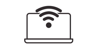 Laptop ve Wifi Simgesi. Kablosuz işaretli bir dizüstü bilgisayarın düzenlenebilir illüstrasyonunu izole et